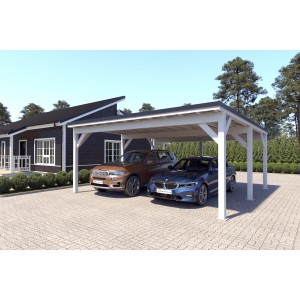 Doppelcarport Ralf, reinweißes Leimholz mit schwarzem Blechdach, 600x600 cm, bietet Platz für zwei Autos.