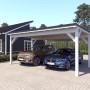 Doppelcarport Ralf, reinweißes Leimholz mit schwarzem Blechdach, 600x600 cm, bietet Platz für zwei Autos.