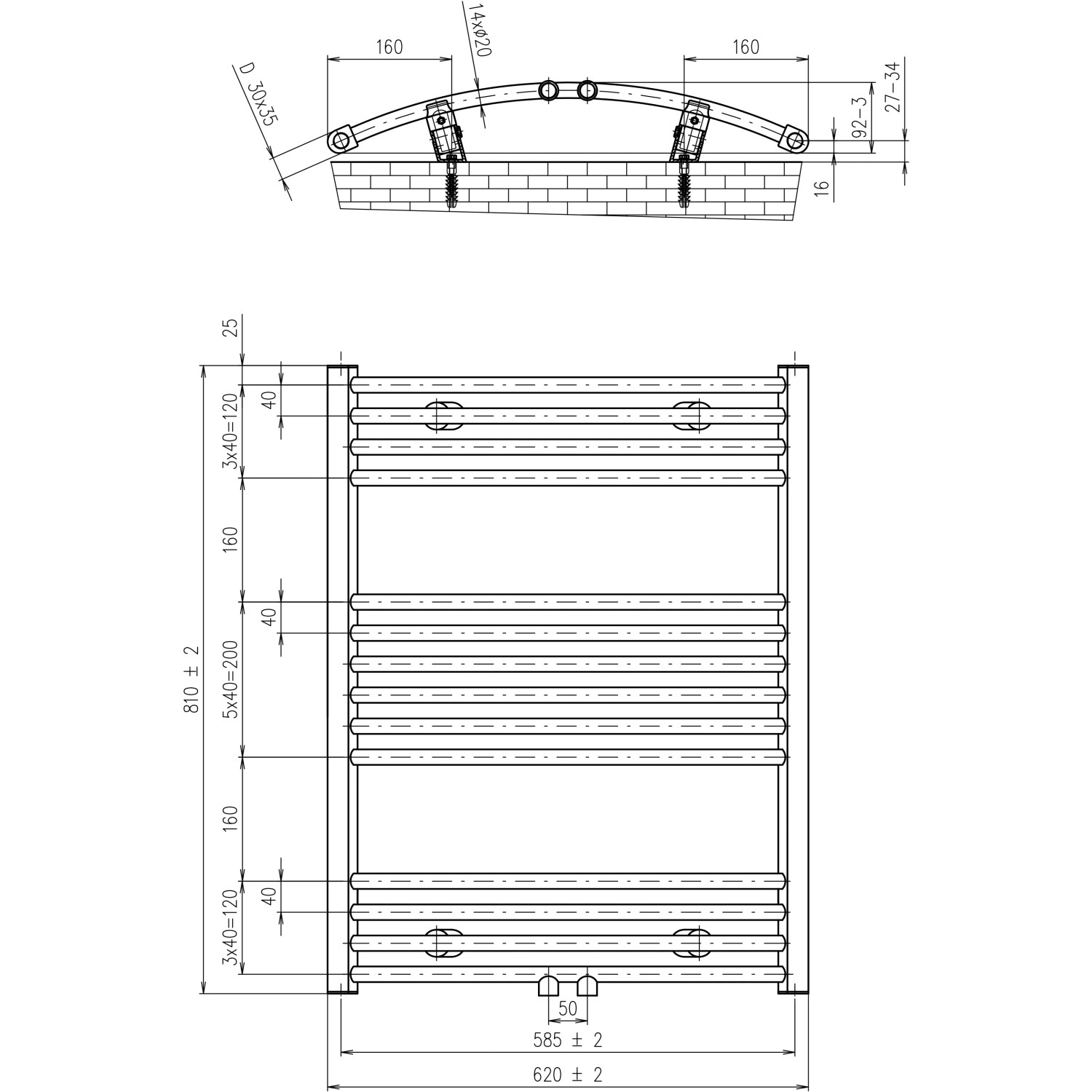 Technische Zeichnung: Schulte Design-Heizkörper gebogen, Maße und Details.