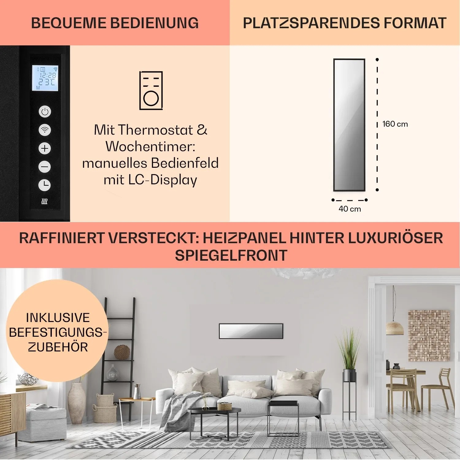 Klarstein La Palma Infrarot Heizgerät mit Spiegel, 900W, schwarz, mit Standfuß. Elektrische Heizung für Wohnräume.