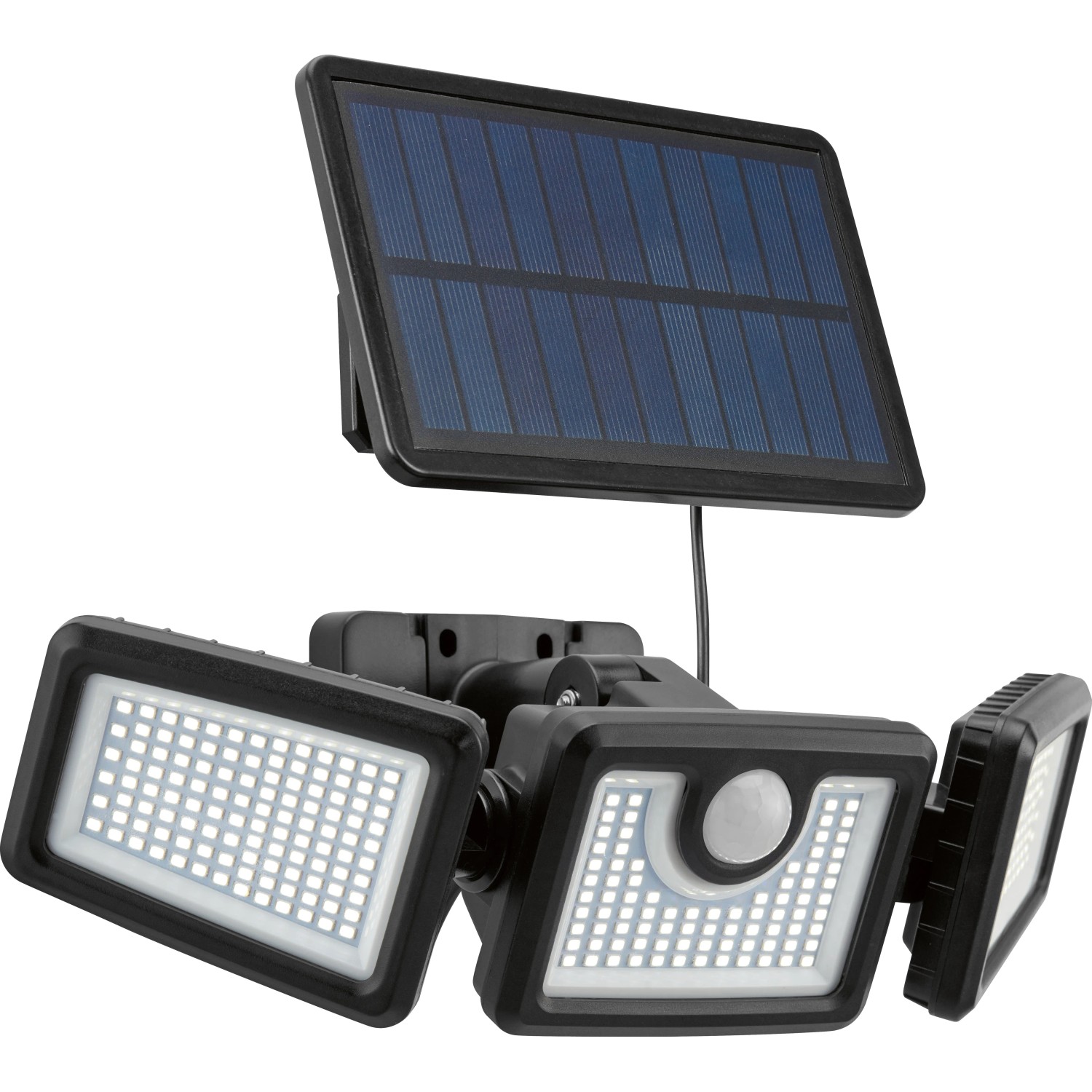 Solar-LED-Außenstrahler mit Bewegungssensor, 7W, 800lm, schwarzer Kunststoff, mit Solarpanel.