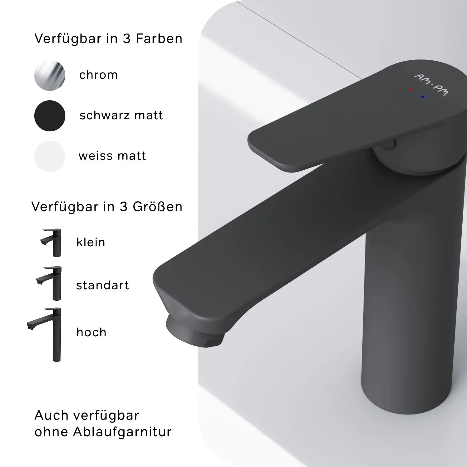 AM.PM Waschtischarmatur, M-Größe, Schwarz. Waschbecken Armatur mit Klick-Ablaufgarnitur.