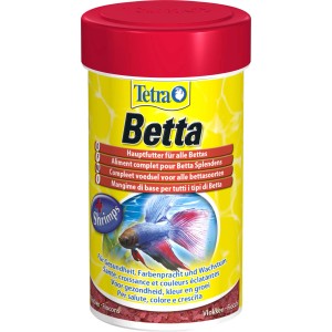 Tetra Betta Flockenfutter, 100ml Dose mit Abbildung eines Kampffisches.