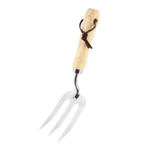 Galaflor Pflanzgabel, Gartenhandgerät mit 3 Edelstahl-Zinken und hellem Holzgriff mit Lederband.