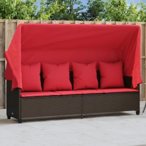 Braune vidaXL Sonnenliege mit rotem Dach und Kissen aus Poly Rattan.