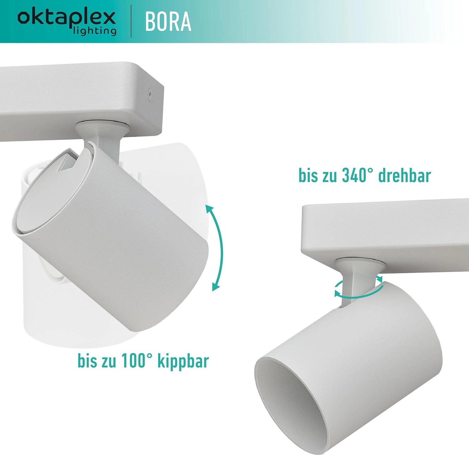 Oktaplex Bora Spotbalken, 3-flammig, weiß, dreh- und schwenkbar. Flexibel einstellbare Deckenleuchte.