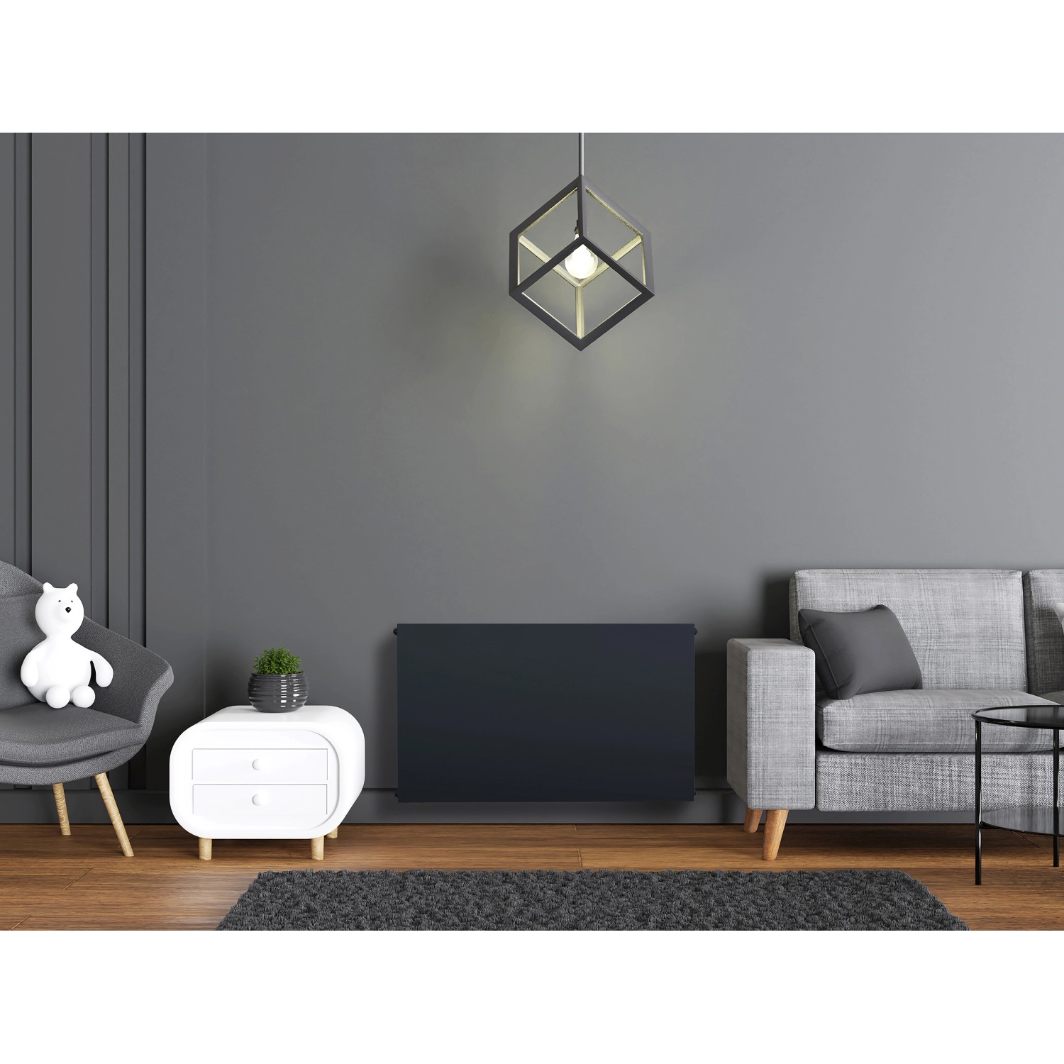 Sanicomfort Planheizkörper Typ 22 DK, 60x10,5x60 cm, Schwarz Matt, im modernen Wohnraum.