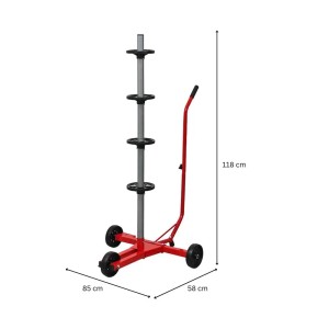 Roter PROREGAL Felgenbaumwagen CARRERO für 4 Autoreifen, mit Rollen und Handgriff, Maße 118x85x58 cm.