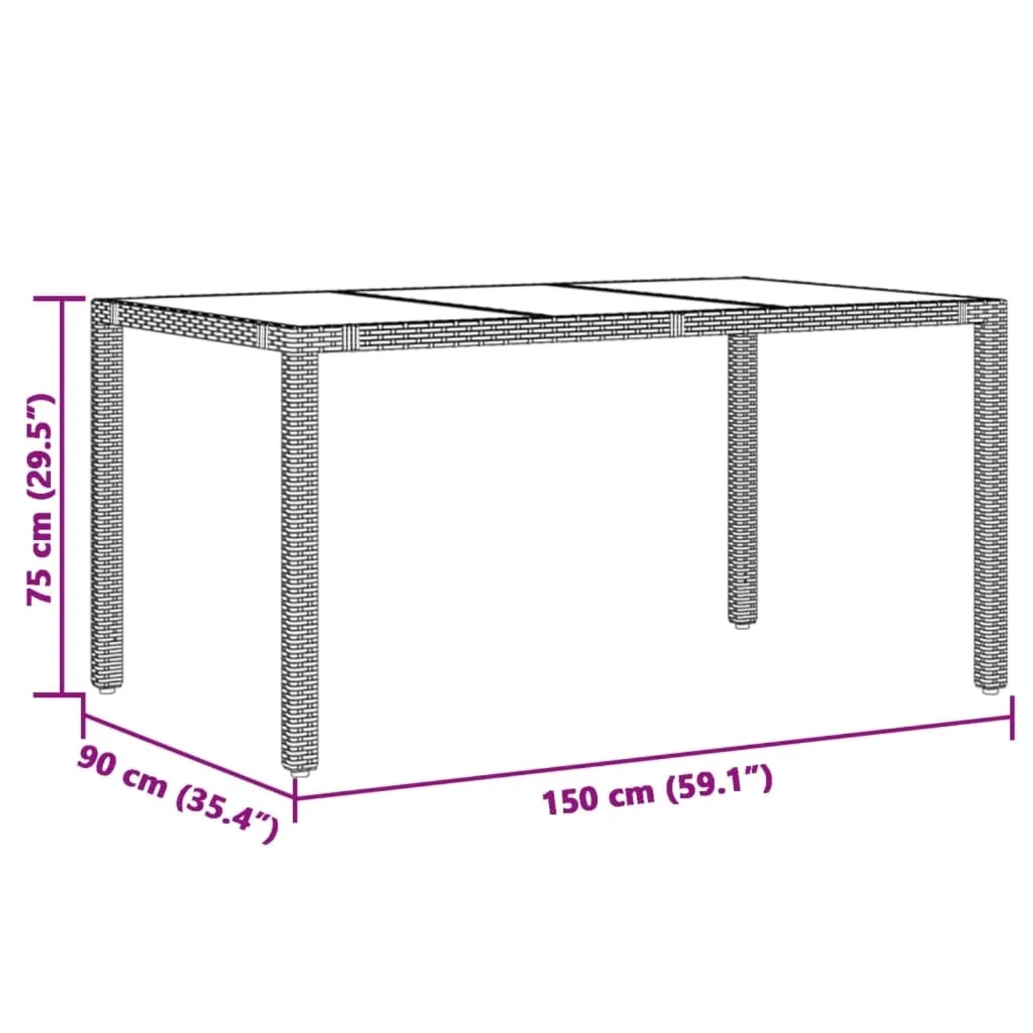 vidaXL Gartentisch, braun, 150x90x75cm, Poly Rattan mit Glasplatte, Teil des 5-tlg Bistro Sets
