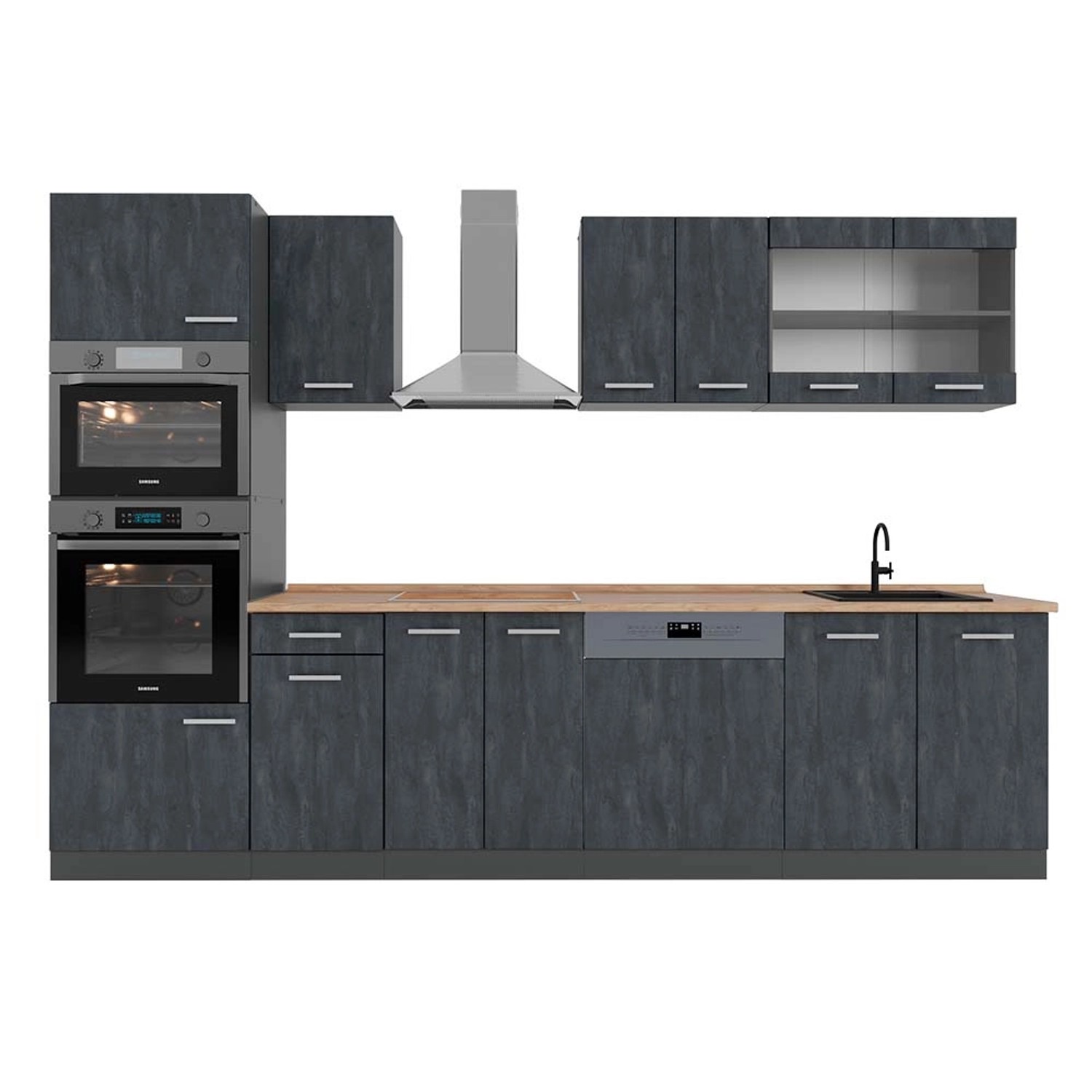 Vicco R-Line Küchenzeile Schwarz Beton/Anthrazit 300 cm AP Eiche günstig online kaufen