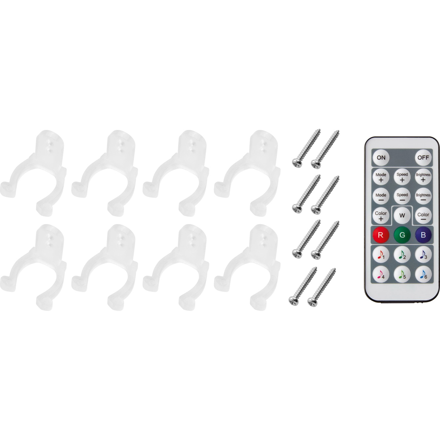 Zubehör für LED-Lichtschlauch: Halteclips, Schrauben und Fernbedienung zur Steuerung der Außen-Dekoleuchte.