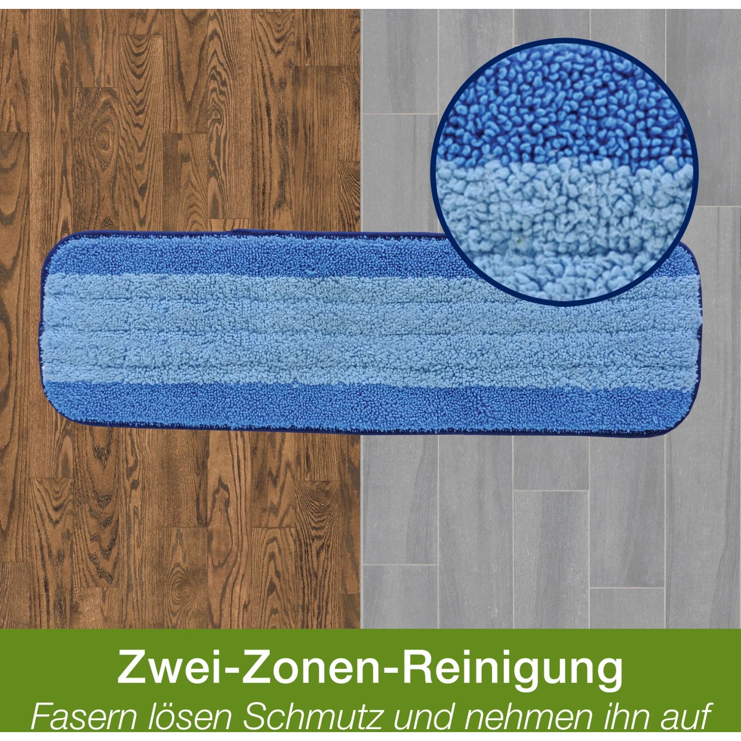 Bona Premium Spray Mop Mikrofaser-Pad für Hartböden, blau gestreift, mit Detailaufnahme der Fasern.
