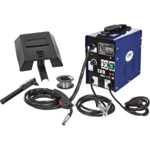 Atrox Fülldraht-Schweißgerät mit Zubehör-Set: Schweißgerät, Maske, Draht und Kabel.