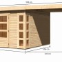 Karibu Holz-Gartenhaus Sölve Natur mit Flachdach und Anbau, unbehandelt, Abmessungen sichtbar.