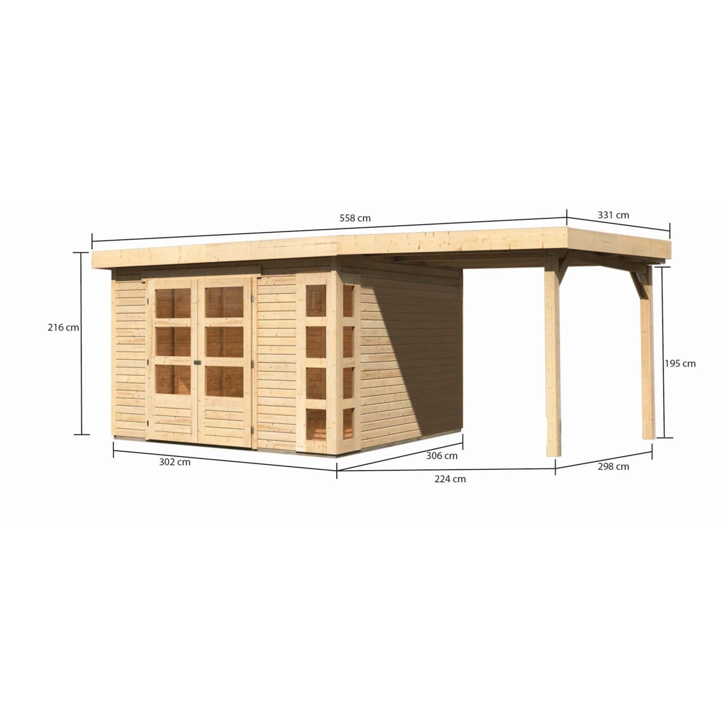 Karibu Holz-Gartenhaus Sölve Natur mit Flachdach und Anbau, unbehandelt, Abmessungen sichtbar.