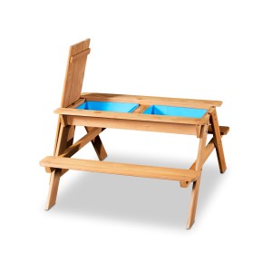 Coemo 2in1 Sand- und Wasserspieltisch aus Holz mit blauen Wannen für Kinder.
