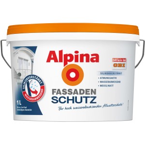 Eimer Alpina Fassadenschutz, weiße Fassadenfarbe, 1 Liter, für atmungsaktiven und wasserabweisenden Anstrich.