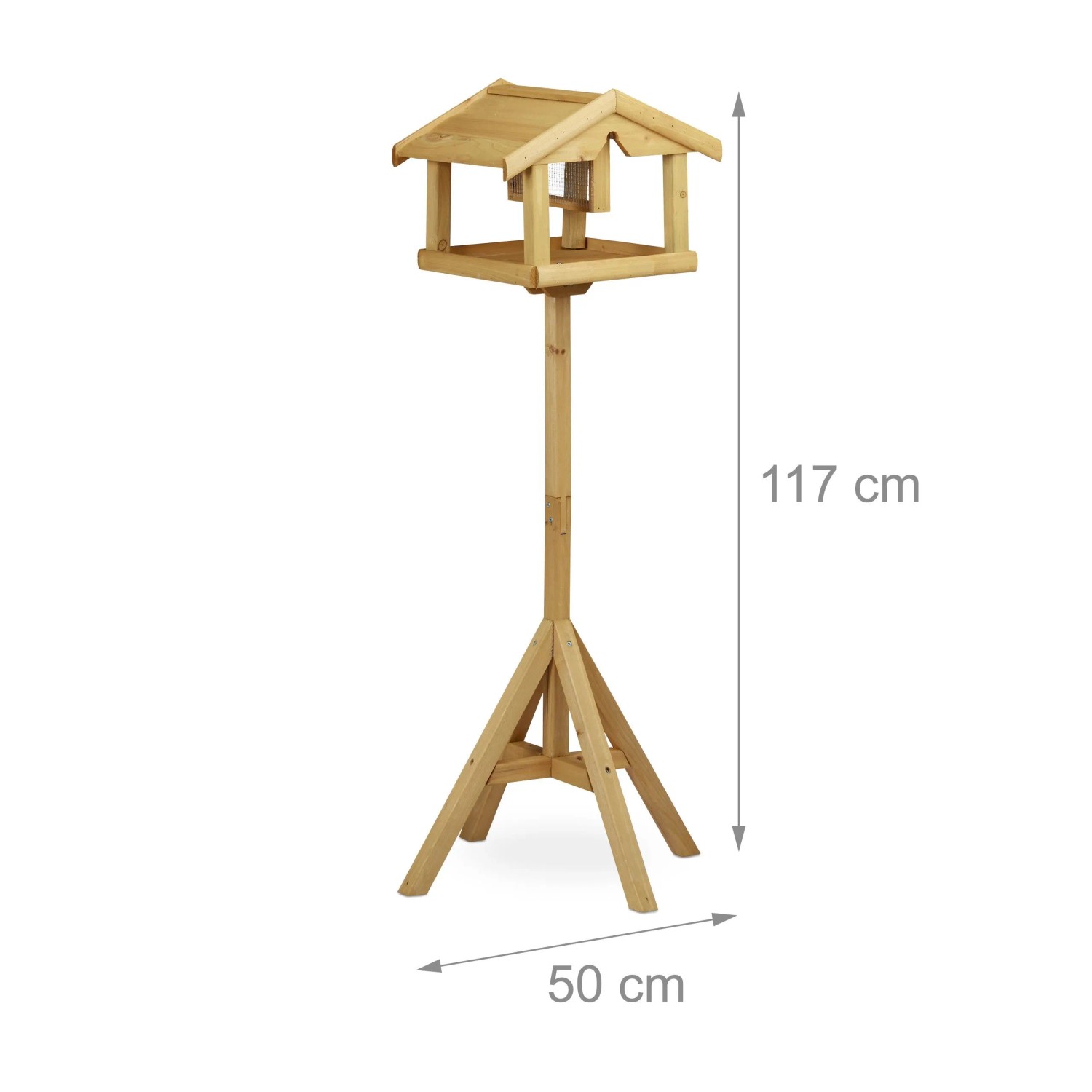 Naturbelassenes Tannenholz Vogelhaus mit Ständer, 117 cm hoch. Stabiler Vogelfutterspender mit Dach und Futtersilo.