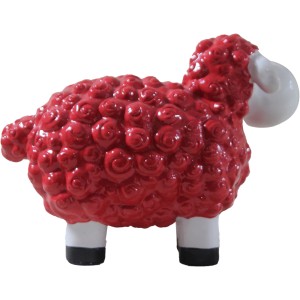 Rotes Deko-Schaf (32 cm) aus Polyresin für den Garten.