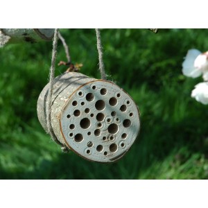 Naturbelassenes Insektenhotel für Wildbienen mit Kordel zum Aufhängen.