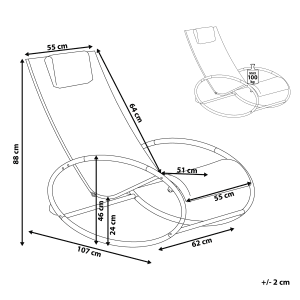 Abbildung der Beliani Gartenliege in Blau, Schwarz und Silber mit den Maßen 107x62x88 cm.