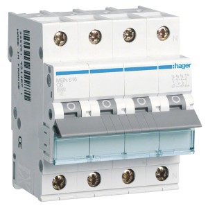 Hager Leitungsschutzschalter B16A 3P+N, 4 Module, für den Schutz von Stromkreisen.