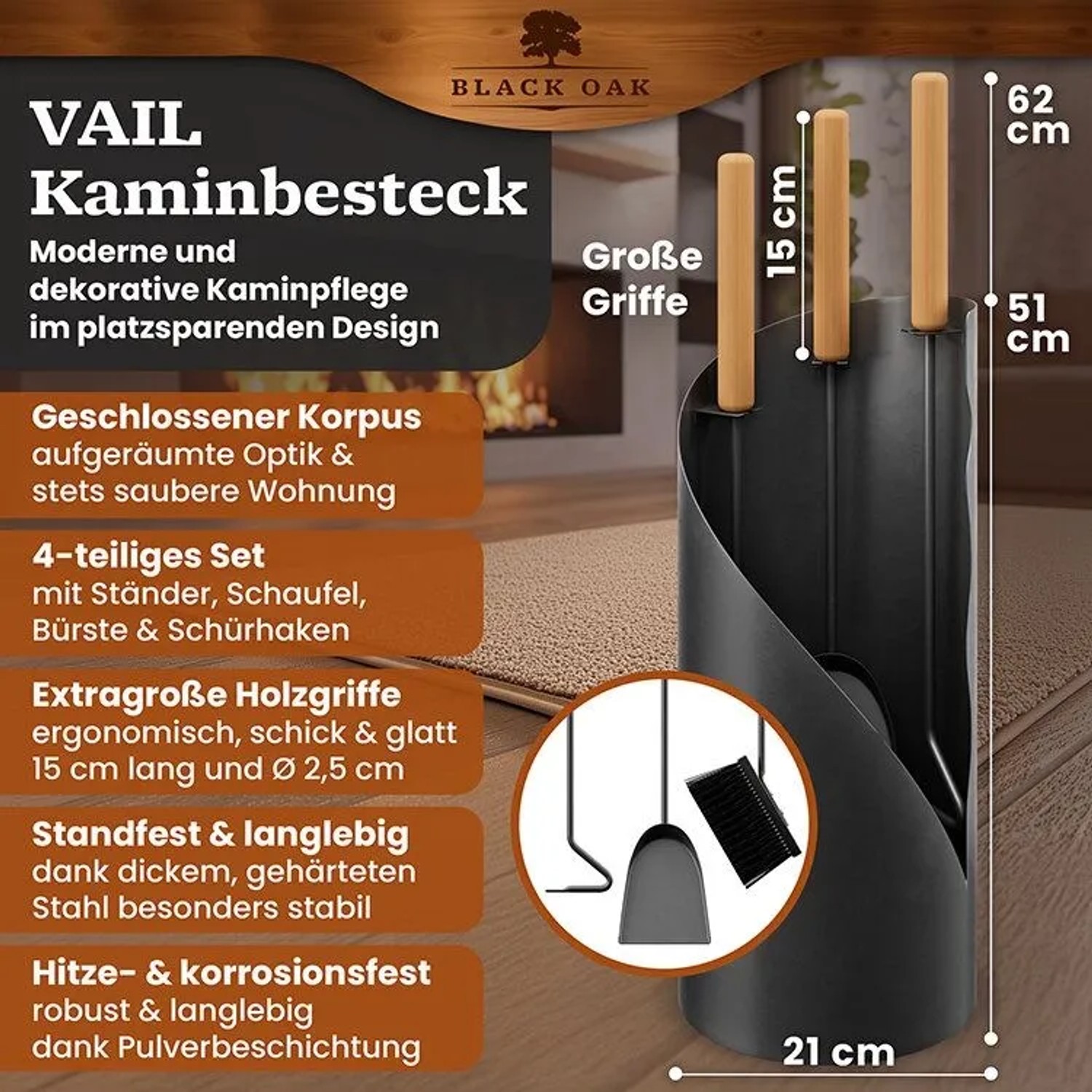 BLACK OAK Kaminbesteck VAIL, 4-teilig mit Ständer, Schaufel, Besen und Schürhaken. Schlankes, schwarzes Design.