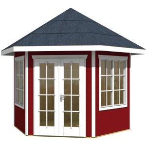 Skan Holz Pavillon Almelo, schwedenrot, 350x303 cm. Holz-Gartenlaube mit Fenstern und Doppeltür.