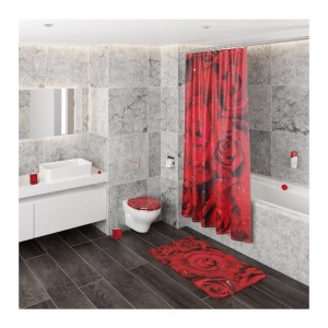 Bad mit Sanilo Rosen Design: Duschvorhang, Badematte, WC-Sitz und Badewannenstöpsel.