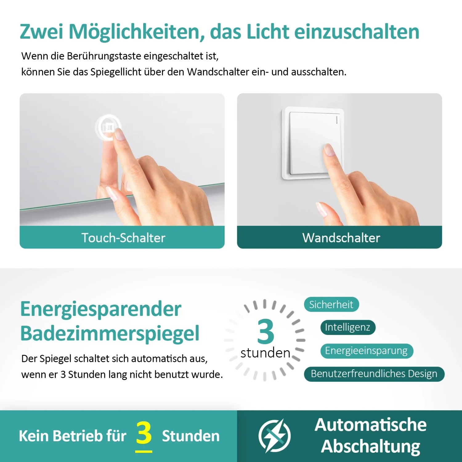 Infografik: Emke LED Badspiegel mit Touch- und Wandschalter, automatischer Abschaltung nach 3 Stunden.