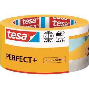 Gelbes tesa® Malerband Perfect+ 50mm x 50m Rolle für scharfe Farbkanten.