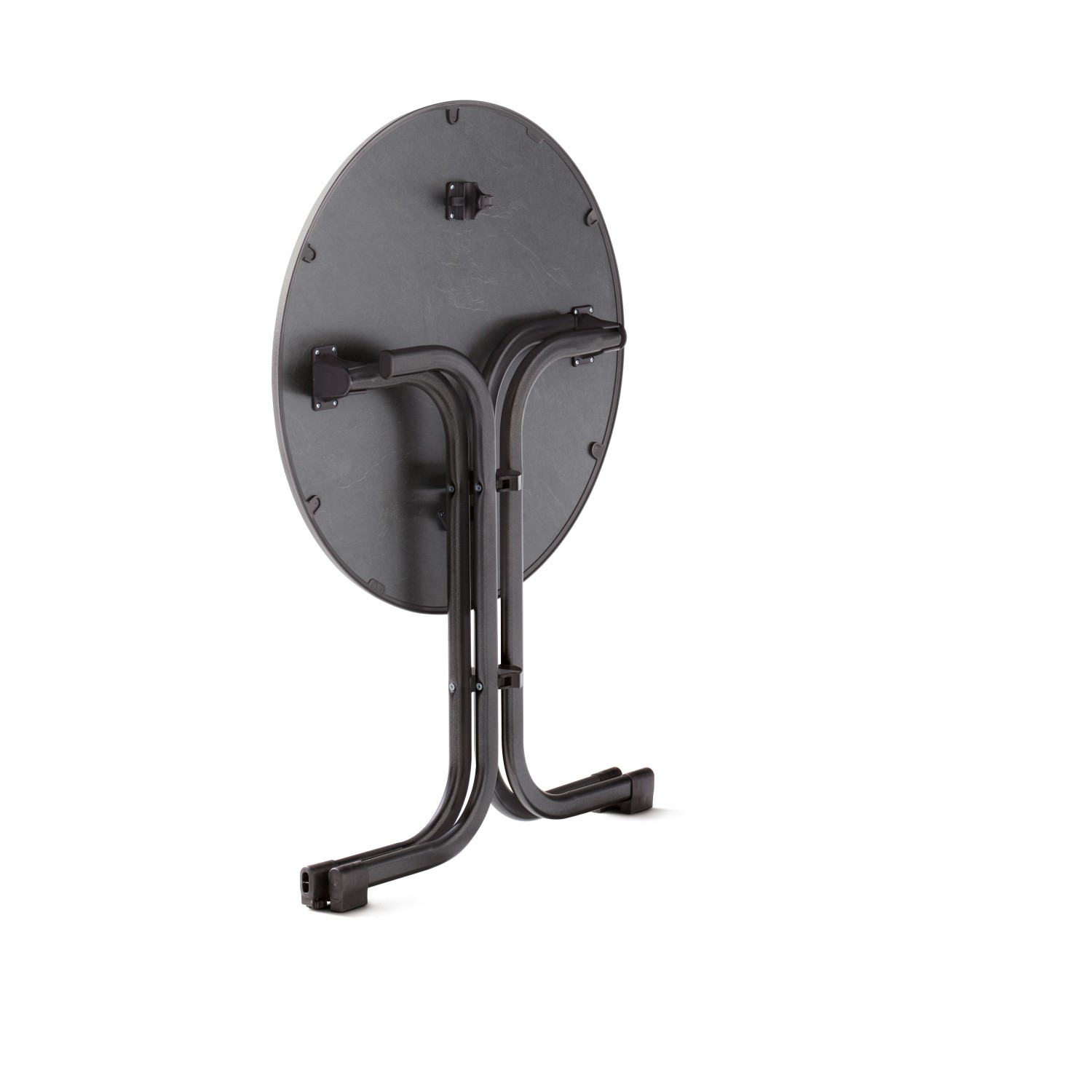 Grauer Sieger Klapptisch 207/G, rund, Ø 70 cm, zusammengeklappt, ideal für Balkon oder Terrasse.