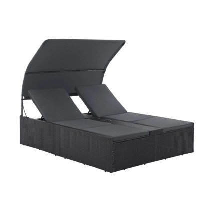 Schwarze Juskys Doppelliege Syros mit Dach, Polyrattan-Geflecht, verstellbare Kopfteile.