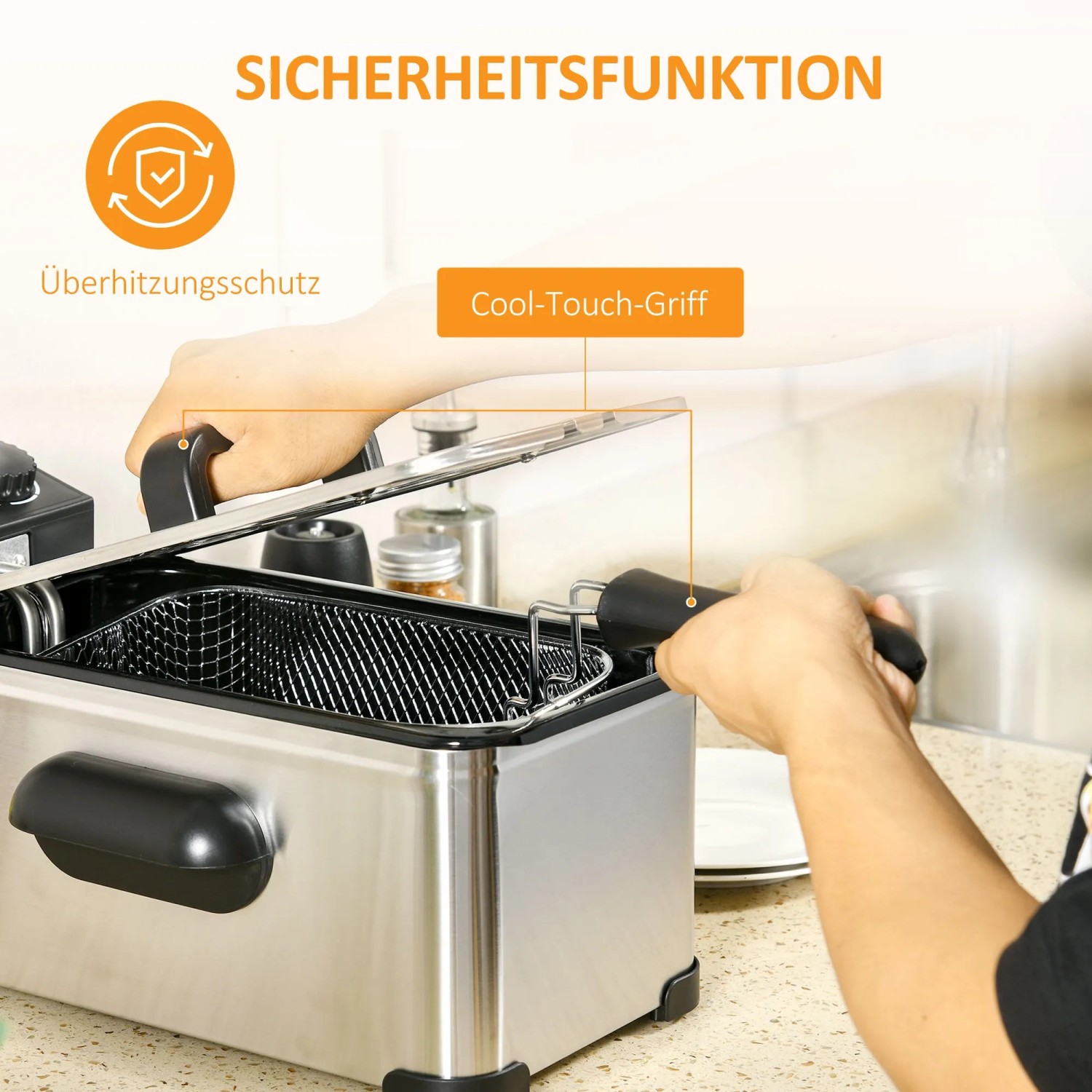 HOMCOM Fritteuse aus Edelstahl mit Korb und Cool-Touch-Griff. Küchenausstattung.