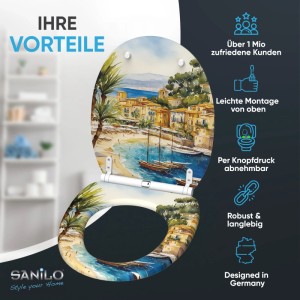 SANILO WC Sitz Riviera mit Absenkautomatik. Dekorativer Toilettendeckel aus Holz mit Küstenmotiv, Strand, Booten, Palmen.