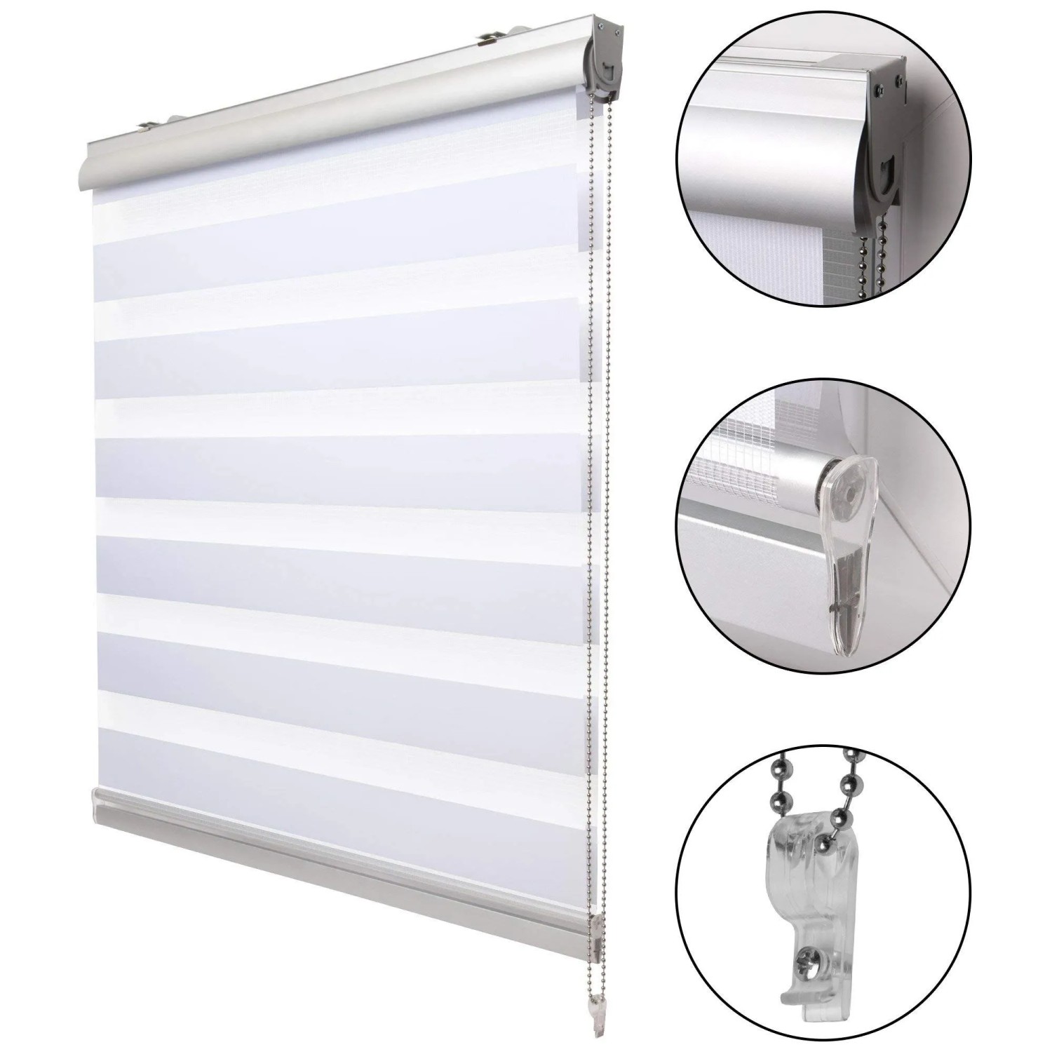 Weißes Sol Royal Doppelrollo mit Alu-Kassette und Seitenzugkette. Klemmfix-Montage für Fenster, idealer Sicht- & Blendschutz.
