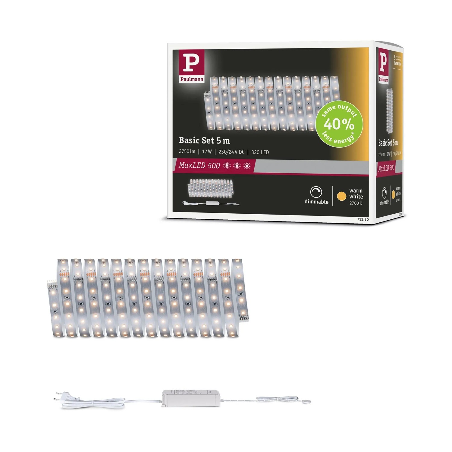 Paulmann MaxLED 500 LED-Streifen Basisset 5m, warmweiß 2700K, mit Netzteil. Dimmbar und kürzbar für flexible Beleuchtung.