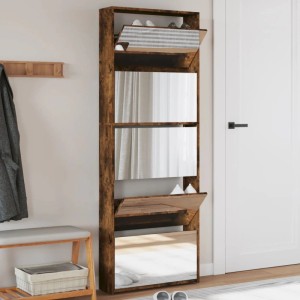 vidaXL Schuhschrank mit Spiegel, Räuchereiche, 5 Fächer, ca. 63x17x170 cm