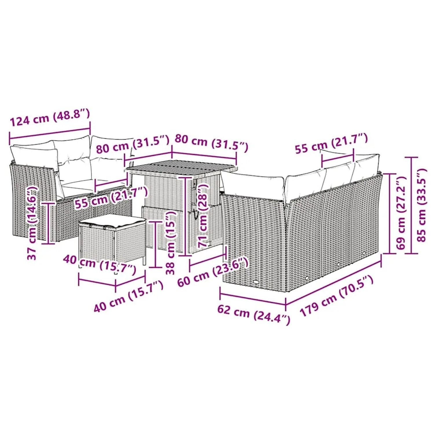 vidaXL Garten-Sofa-Set, 8-teilig, schwarz, Poly Rattan, mit Maßen. Ideal für Terrasse und Garten.