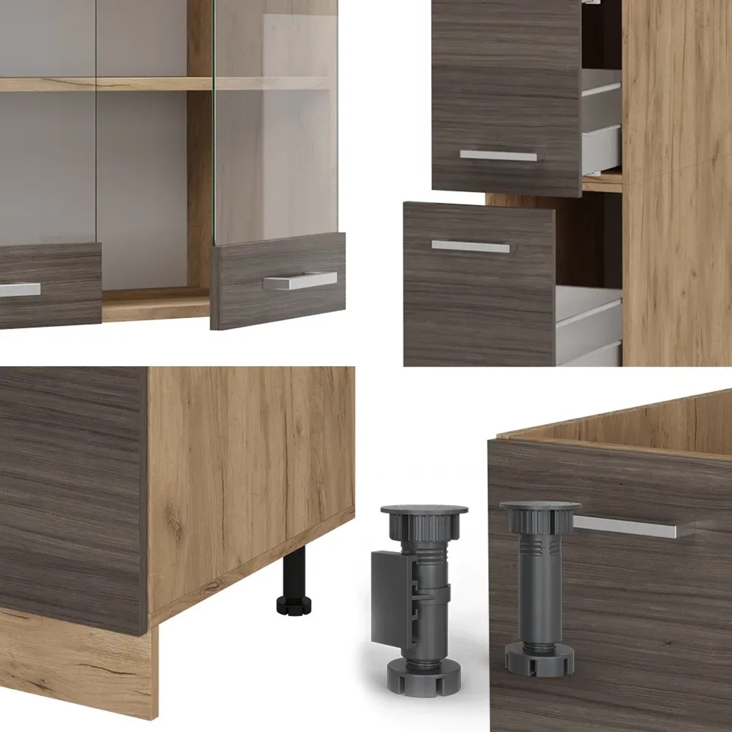 Vicco R-Line Küchenzeile in Edelgrau/Goldkraft Eiche mit anthrazitfarbener Arbeitsplatte, 350 cm breit.