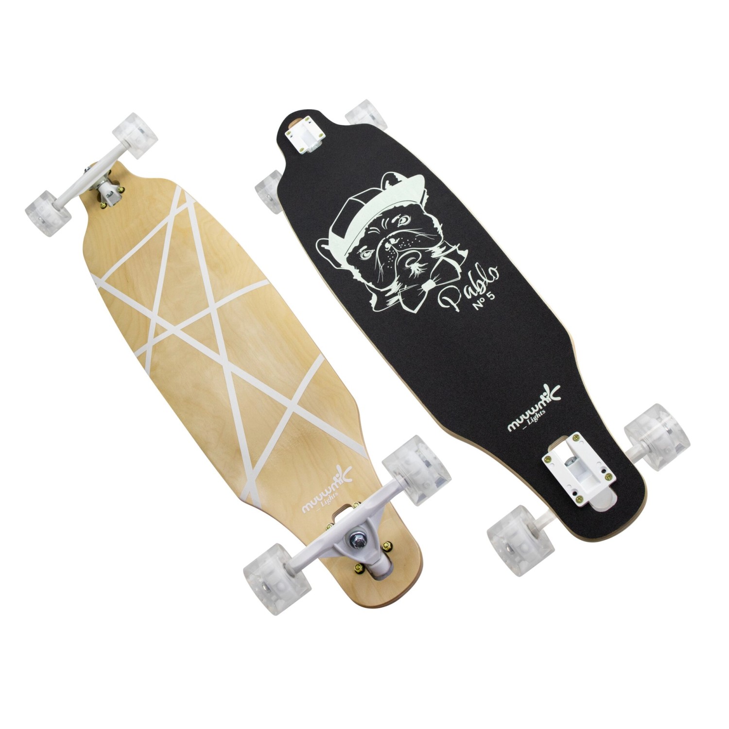 Muuwmi Lights Longboard Glow Pablo mit LED-Rollen ABEC 7 Board mit Glow-In-The-Dark-Funktion French Bulldog Design