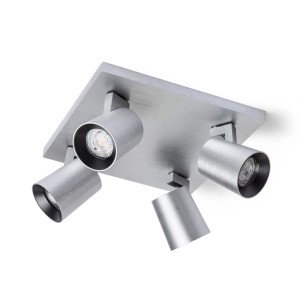 Rendl Deckenleuchte Kenny IV mit vier gebürsteten Aluminium-Spots auf quadratischer Basis.
