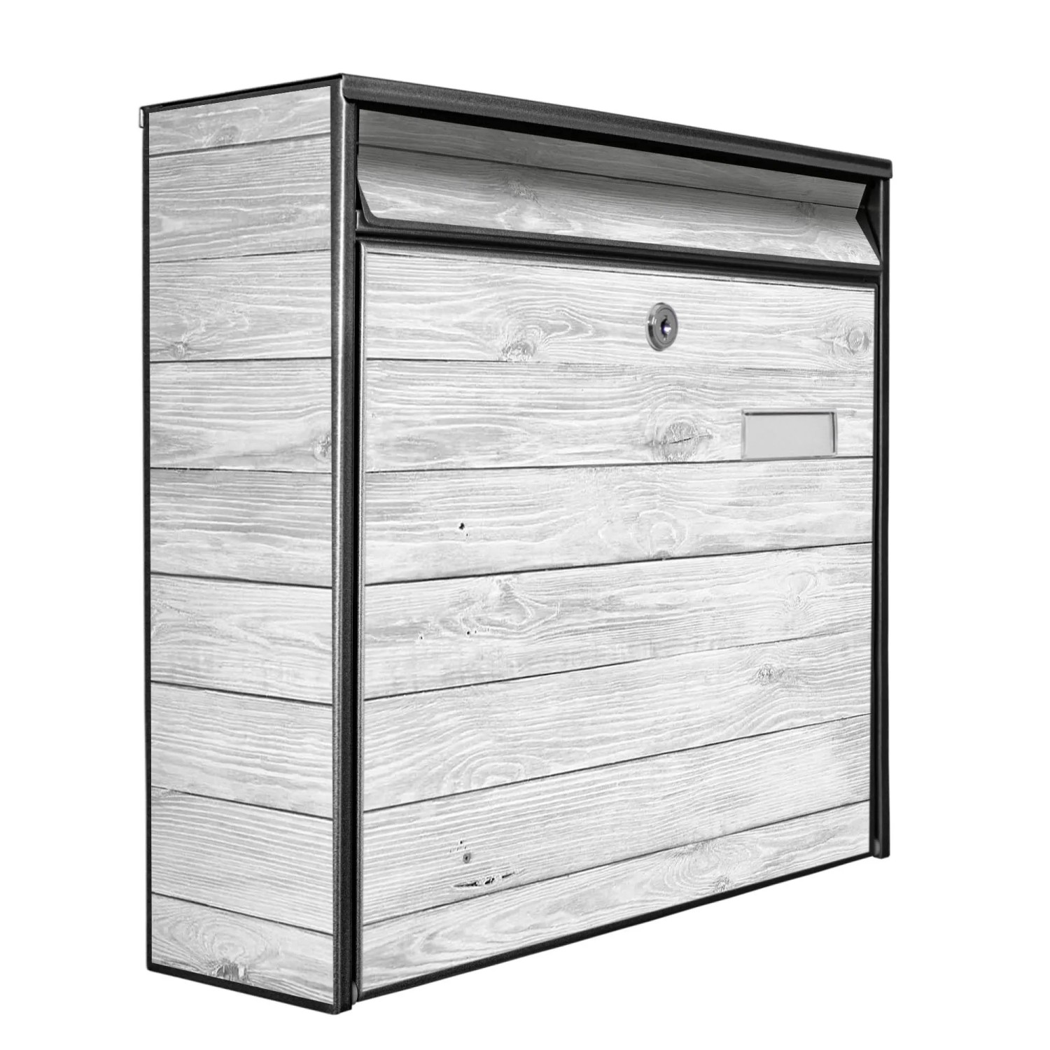 Banjado Briefkasten, schwarz umrandet, mit weiß gebeiztem Holzmotiv und Namensschild.
