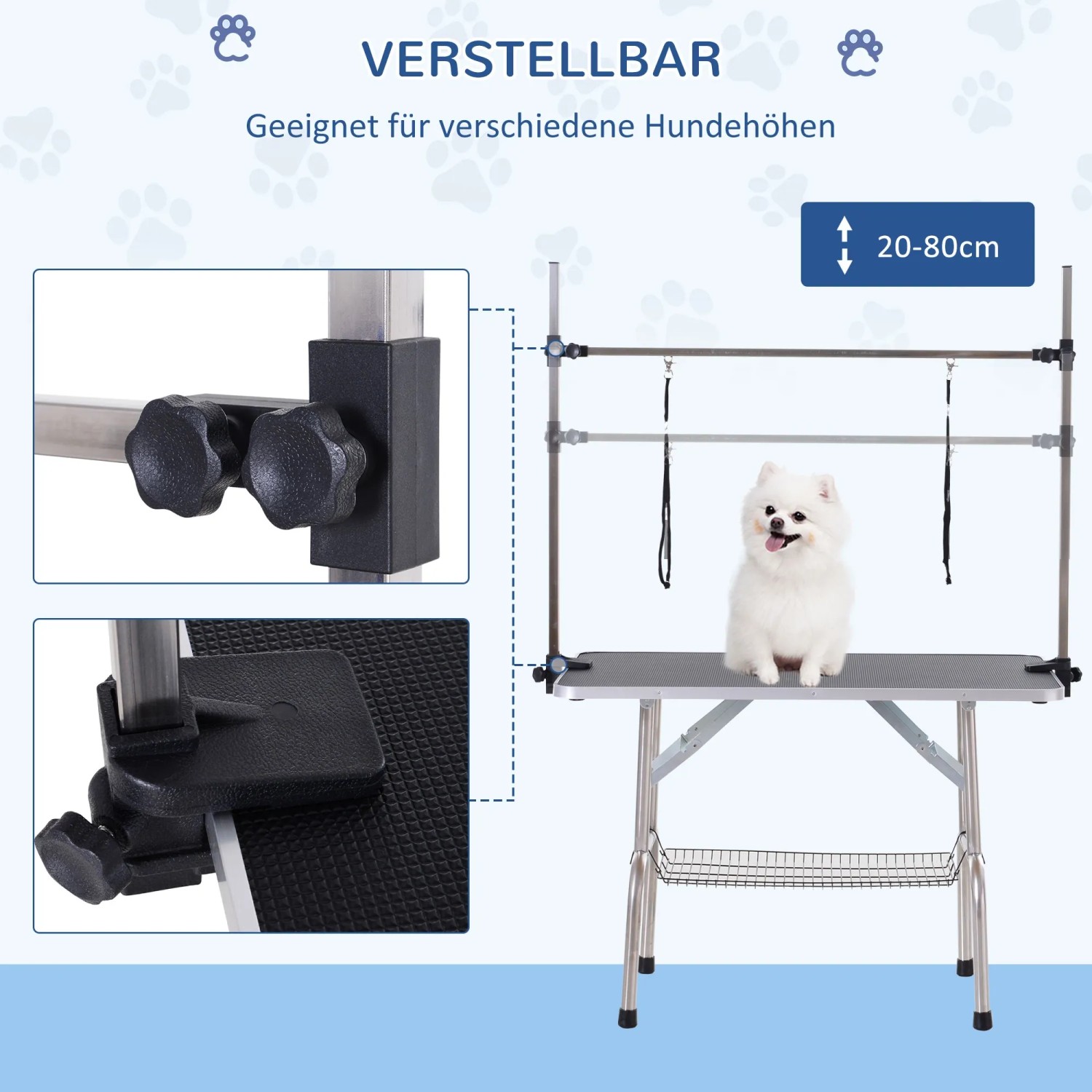 Höhenverstellbarer PawHut Trimmtisch mit Unterkorb für die Hundefellpflege.