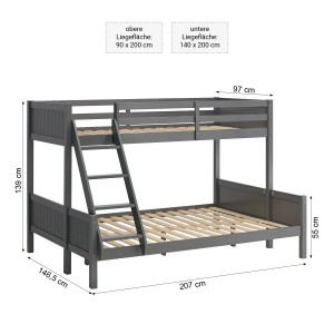Homestyle4u Etagenbett 90x200 und 140x200 in Grau mit Lattenrost 2525