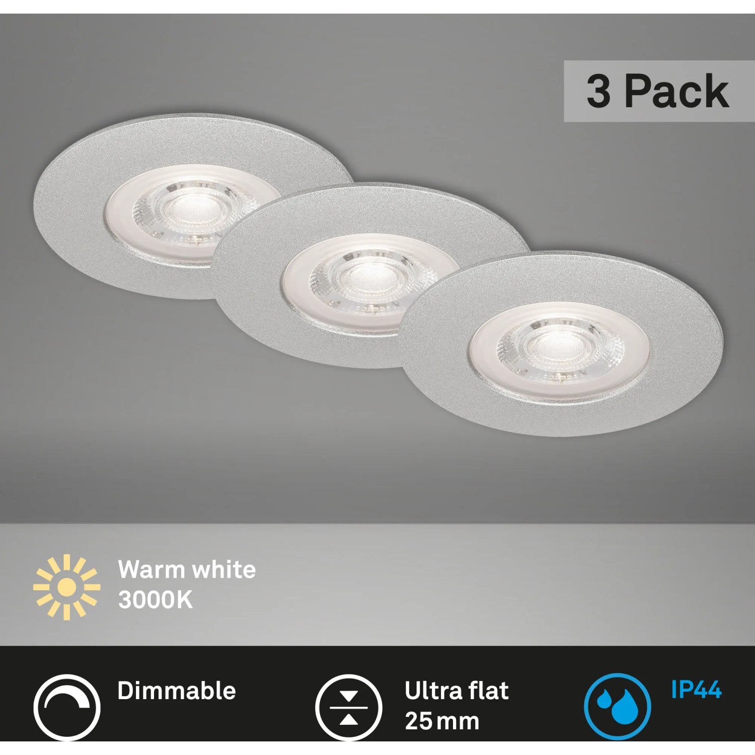 Brilo LED-Einbauleuchten Kulana, 3er-Set, dimmbar, chrom-matt. Ideal für Bad, IP44.