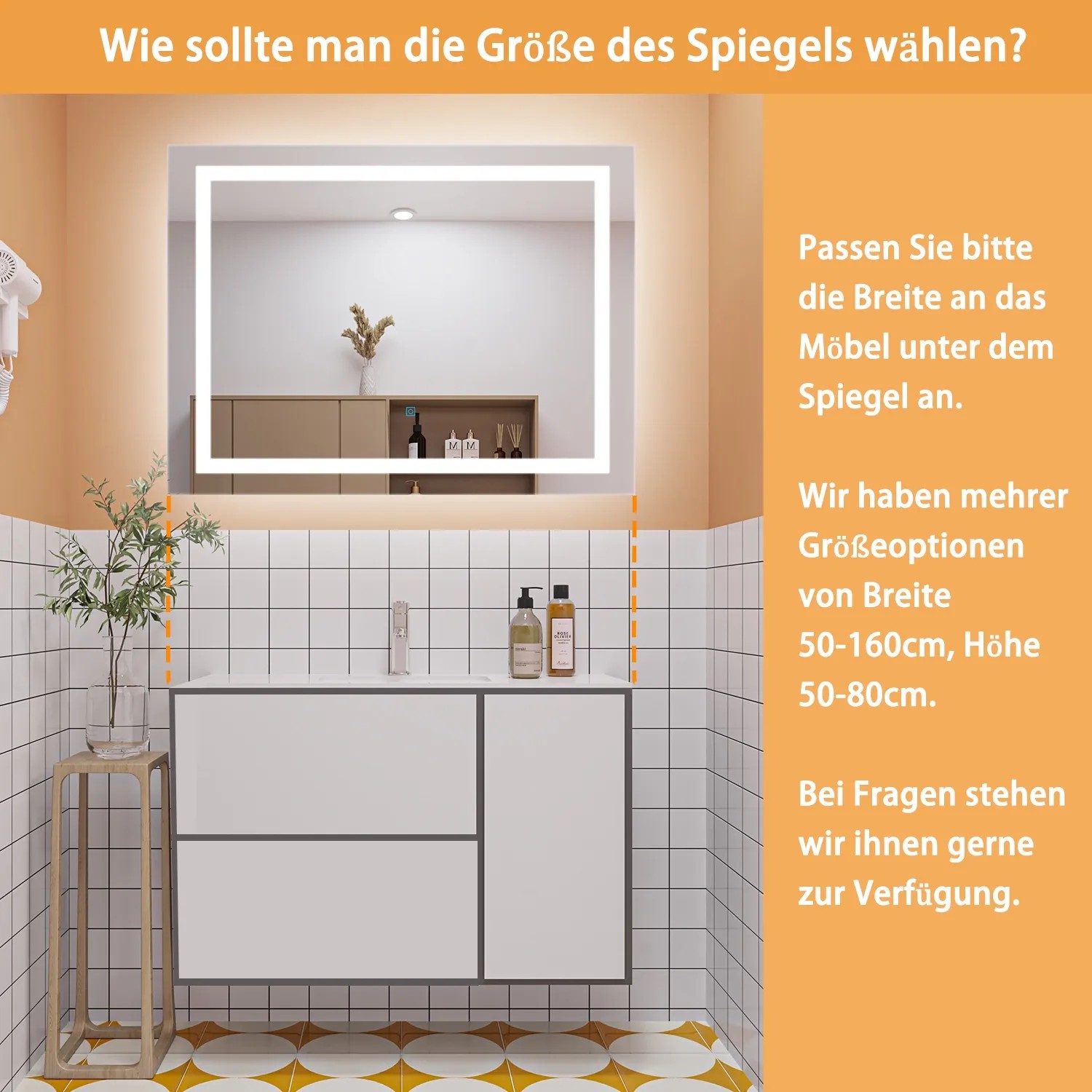 Aica Sanitär Badspiegel 120x70 cm mit LED-Beleuchtung über Waschbecken im Badezimmer.