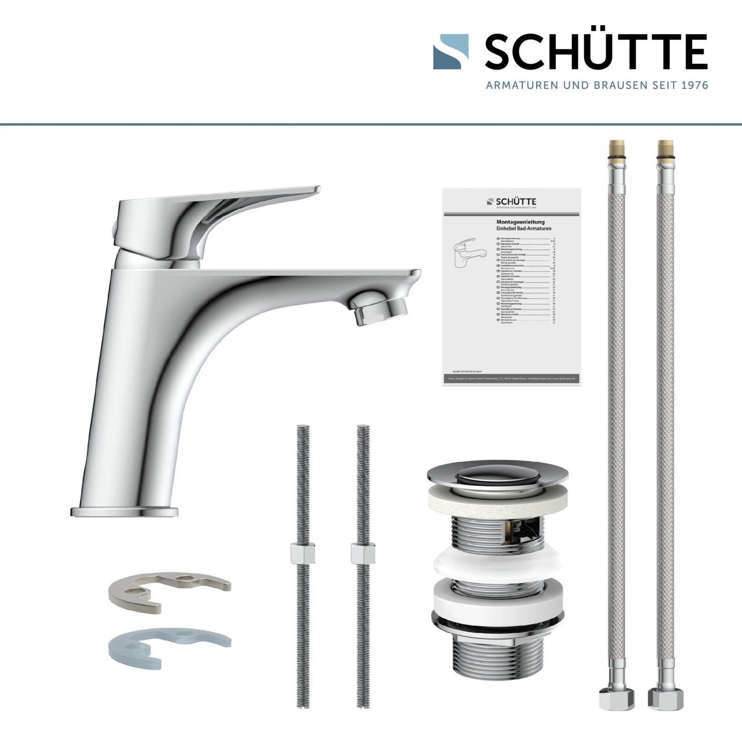 Schütt Waschtischarmatur Boston Chrom mit Zubehör und Montageanleitung.