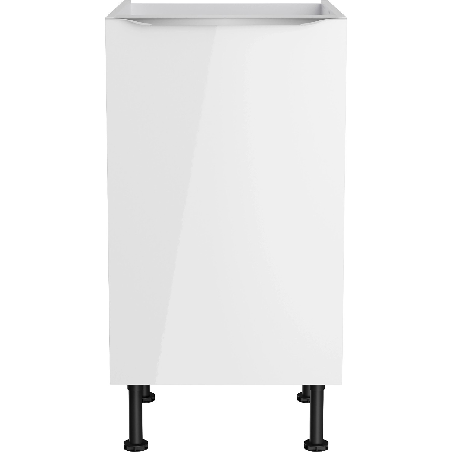 Weißer Optifit Spülenunterschrank Arvid986, 45 cm breit, mit einer Tür und schwarzen Füßen.