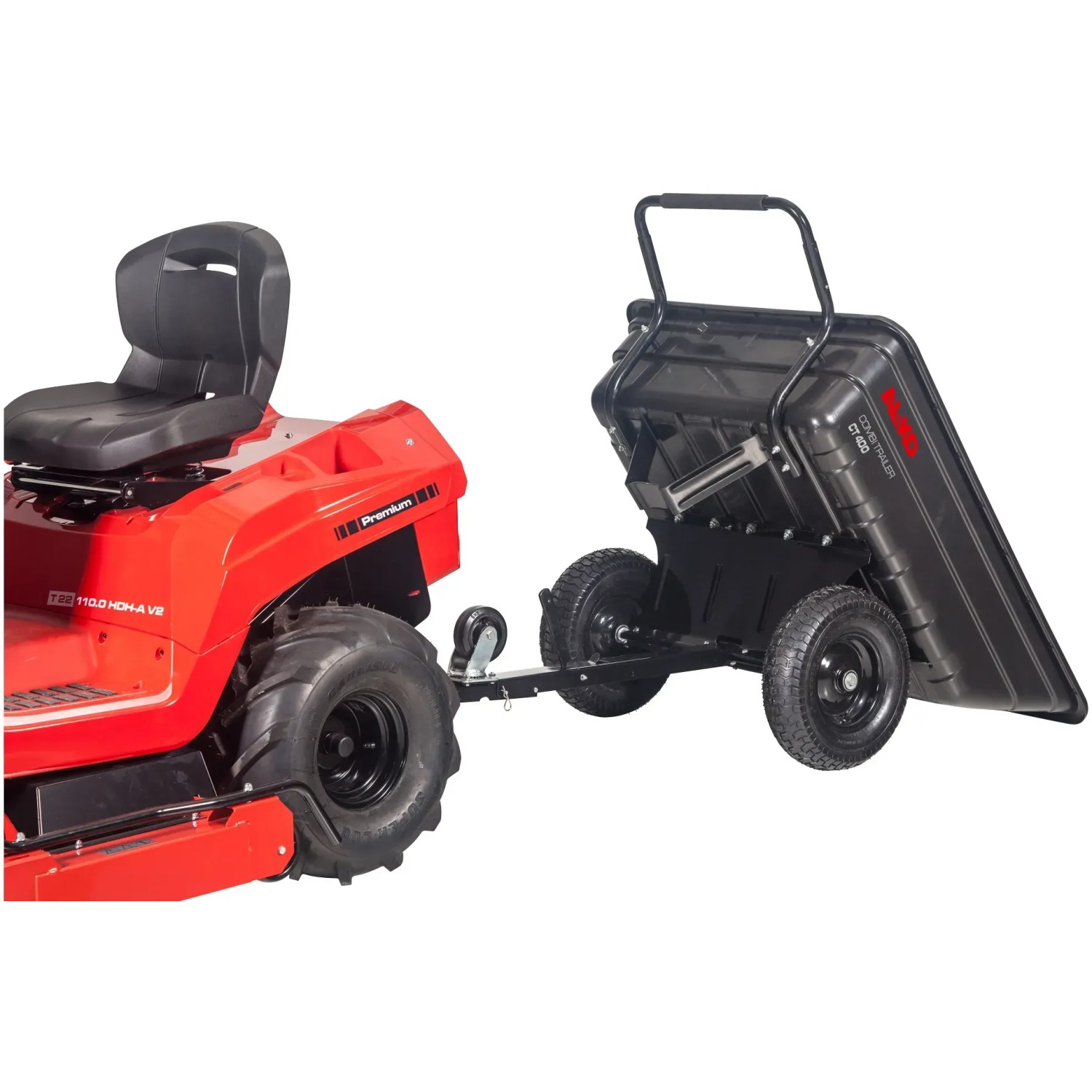 Al-Ko Combi Trailer CT 400 am Rasentraktor: Anhänger für Gartengeräte und Materialien, kippbar.